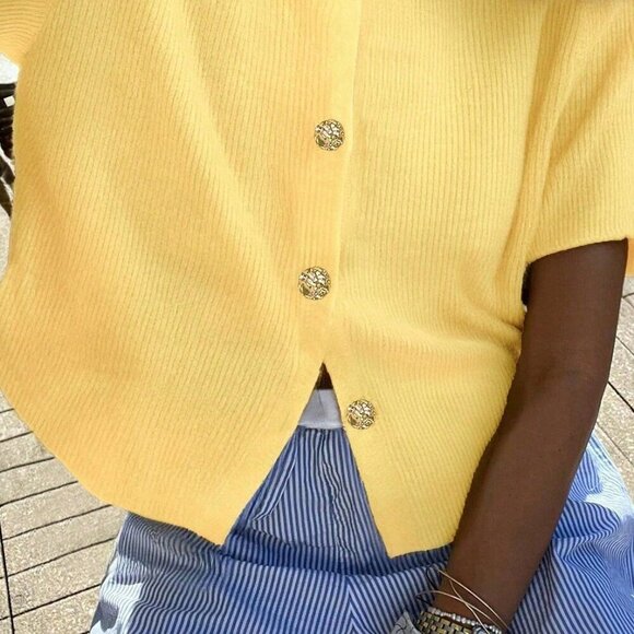 Yellow Casual Women's Plus Size Loose Knitted Short Slouchy Cardigan Top - Picture 3 of 8